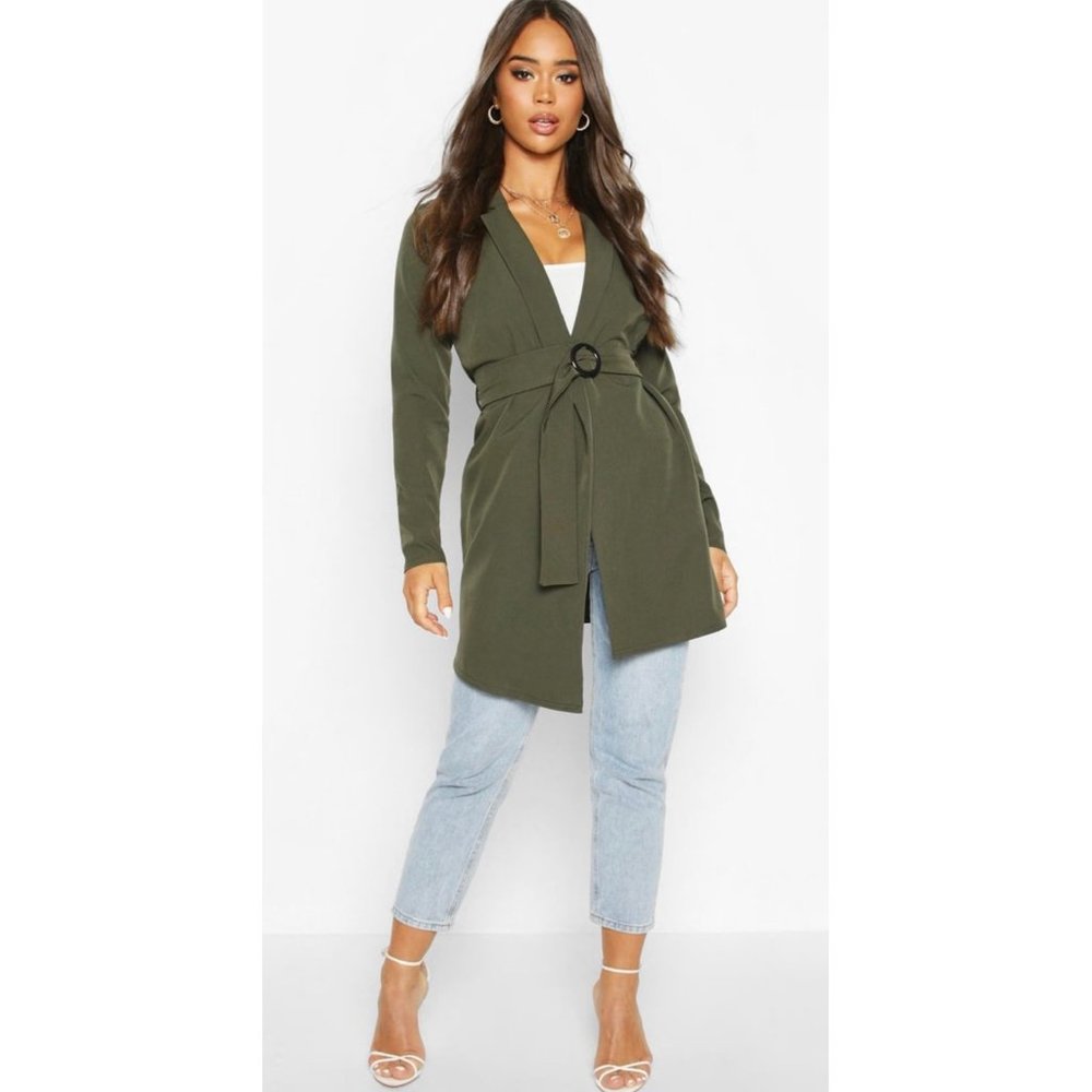 BOOHOO Olive Green Isobel O-Ring Belted Knit Duster Cardigan/Jacket NWT 6P